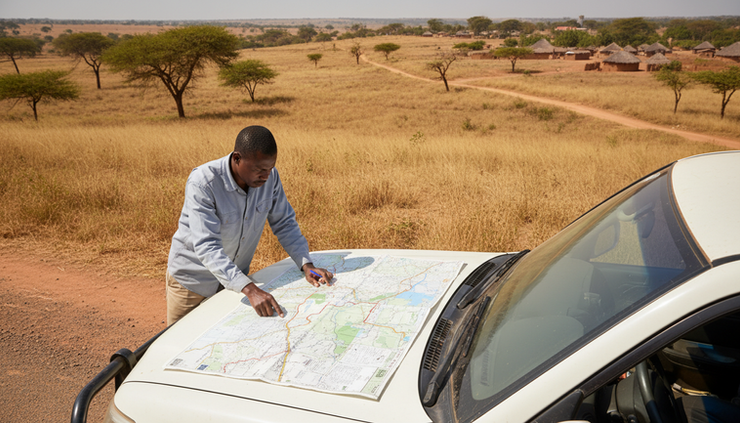 High-angle view of a driver reviewing a paper road map beside a parked vehicle.