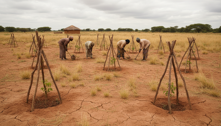 Wide-angle view of a dry farming area with young trees protected by wooden stakes in North East Nigeria