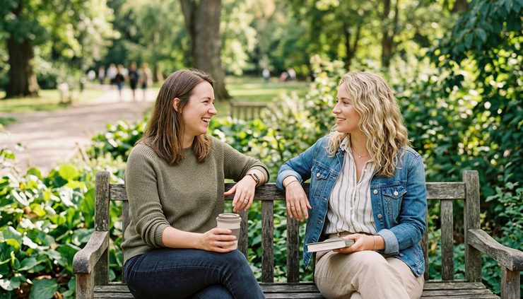 Eye-level view of two friends having a thoughtful conversation on a quiet park bench.