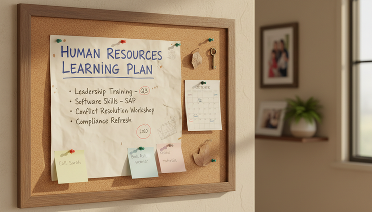 Close-up view of a handwritten HR learning plan pinned to a corkboard.