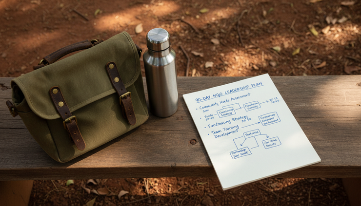Overhead view of a small notebook with a handwritten 90-day leadership plan beside a field bag and water bottle on a wooden bench.