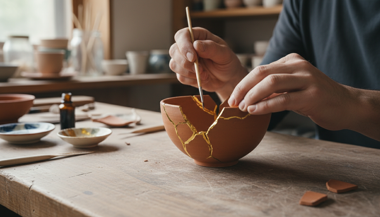 Close-up view of two hands repairing a cracked clay bowl with gold-colored resin.