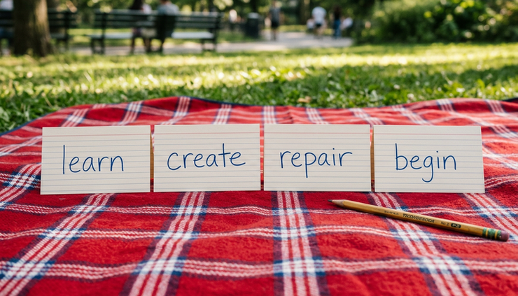 Close-up of four handwritten cards labeled learn, create, repair, and begin on a picnic blanket.