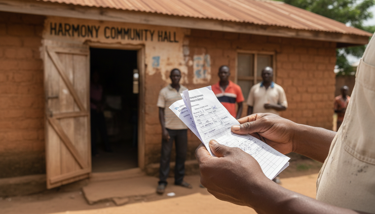 Close-up view of hands holding a printed activity checklist near a community hall entrance.