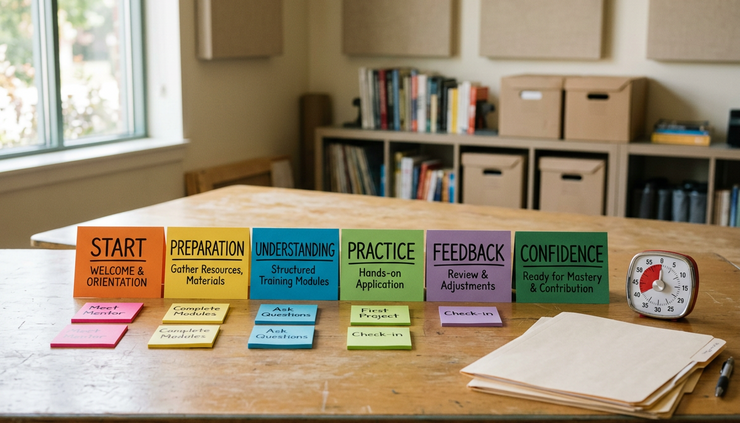 Eye-level view of a workshop table with colorful process cards arranged in a clear sequence