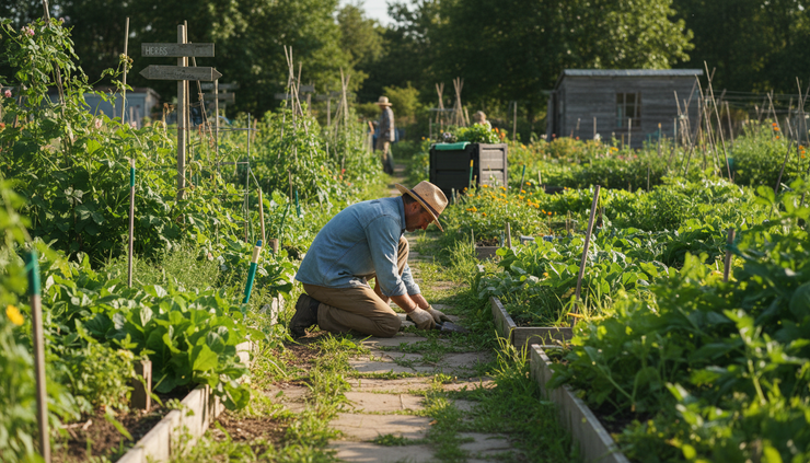 Wide-angle view of a single gardener clearing weeds from a shared garden path.