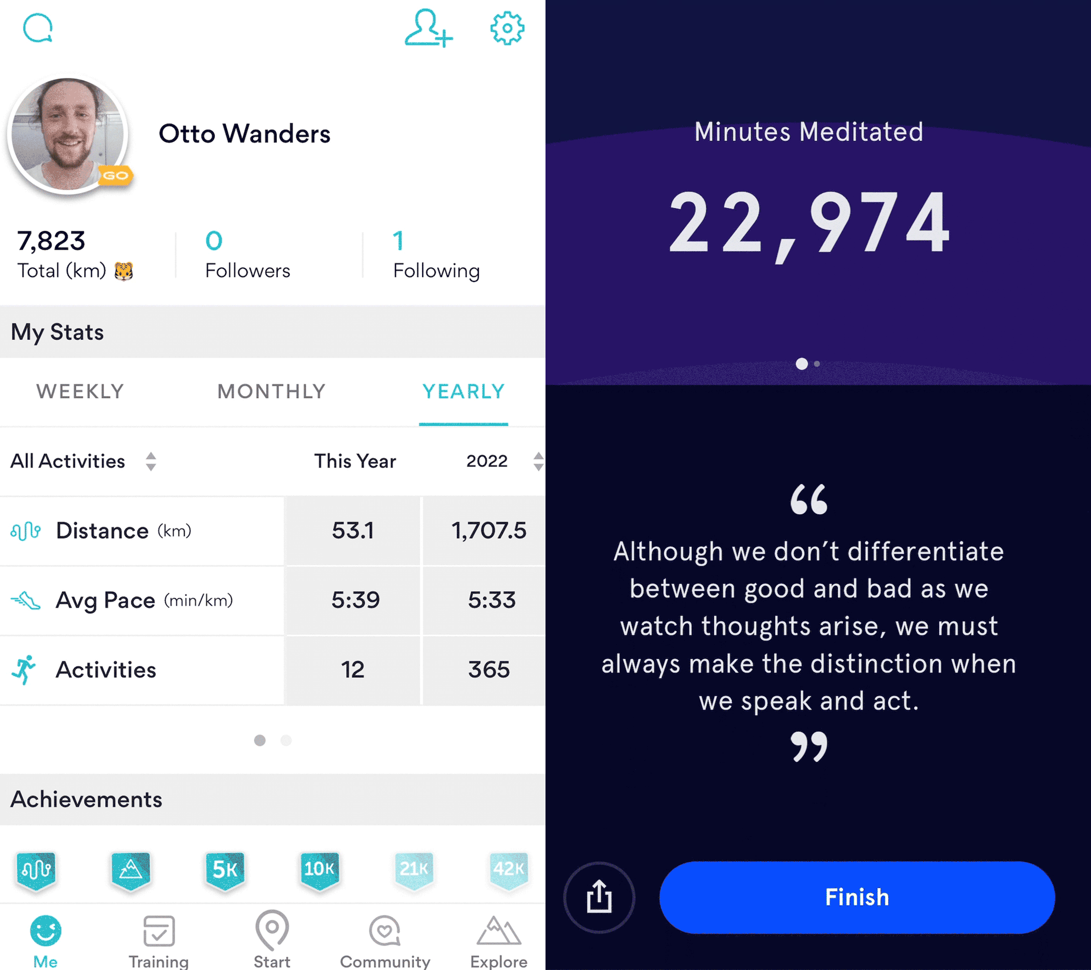 Screenrecording of Ottos running and meditation statistics