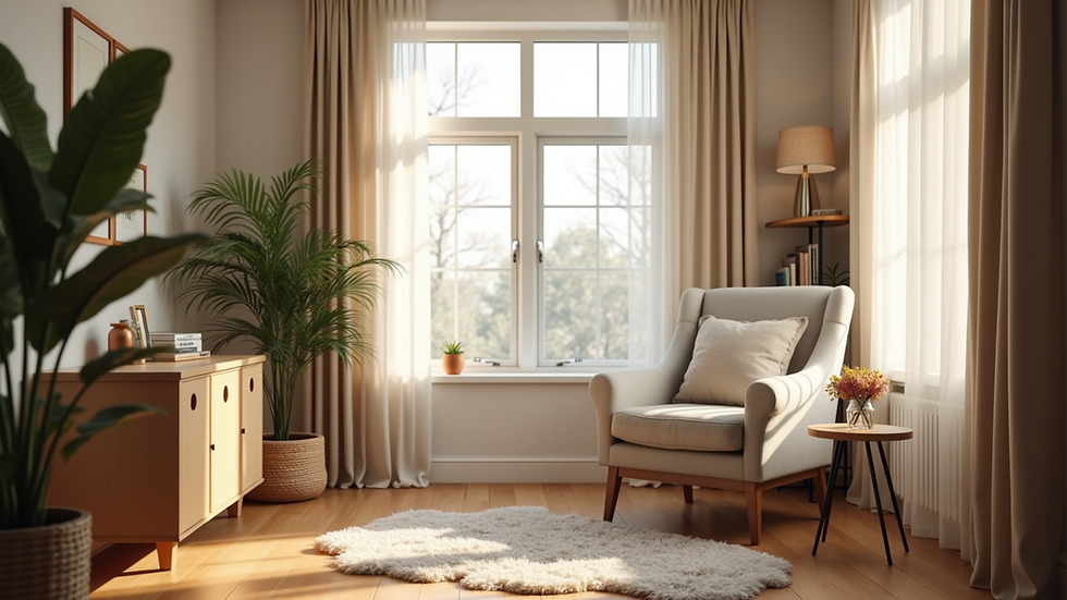 Eye-level view of a cozy therapy office with a comfortable chair and soft lighting