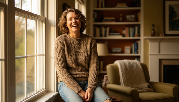 Eye-level view of a relaxed person laughing in soft window light.