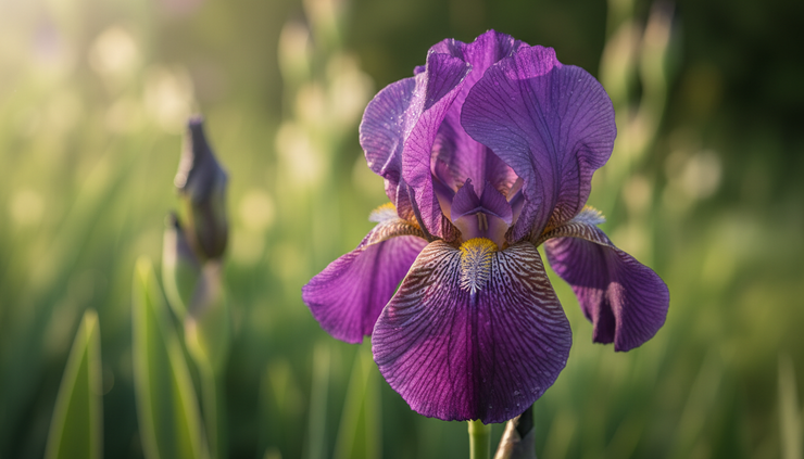 Close-up view of a purple iris with the front petals in sharp focus