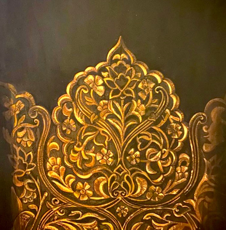 Design taken from Steel & Gold, Historic Swords from The Museum of Islamic Arts Doha collection, acrylics on wood 10x12 inches