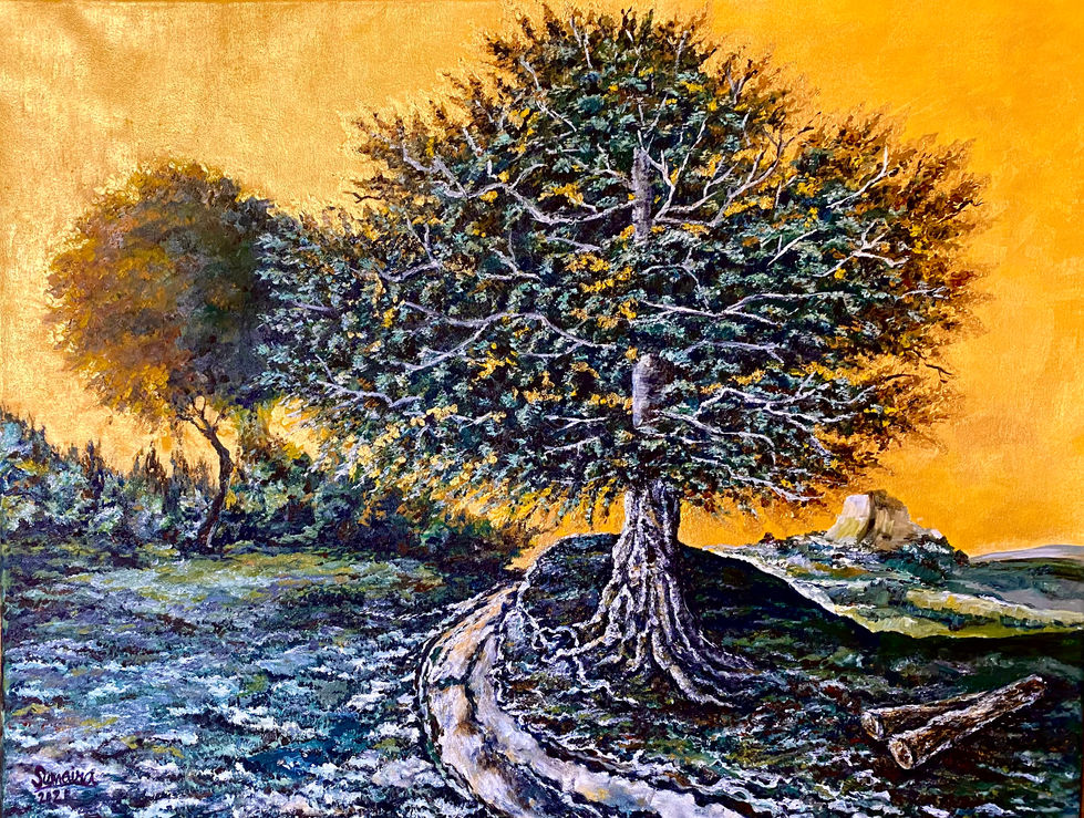 Mystic Tree in the Valley- Oil on canvas with gold glazing 32x24 inches
