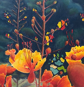 oil pastel landscape with abstracted elements.