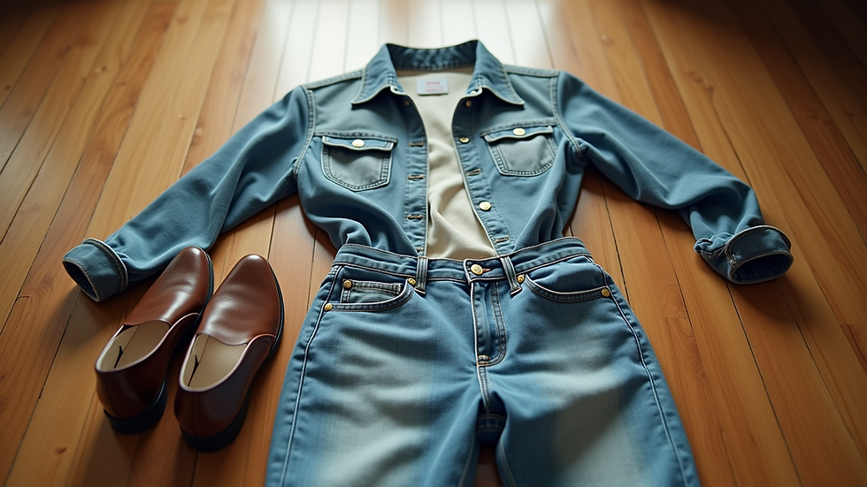Eye-level view of a stylish casual outfit laid out on a wooden floor