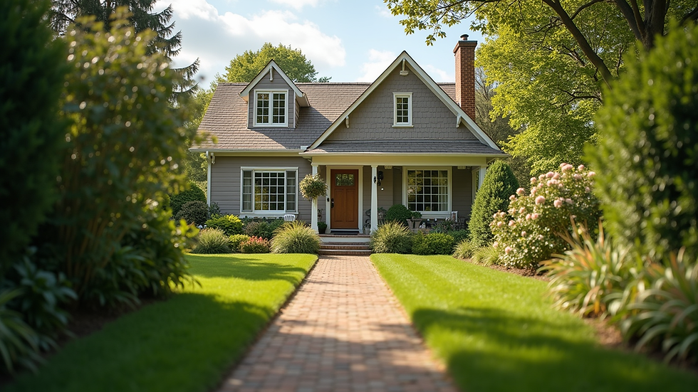 Eye-level view of a cozy home with a well-maintained garden