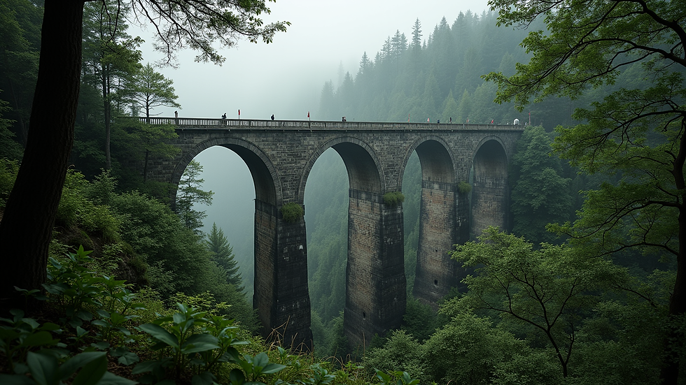 Wide angle view of the Nine Arches Bridge surrounded by dense forest