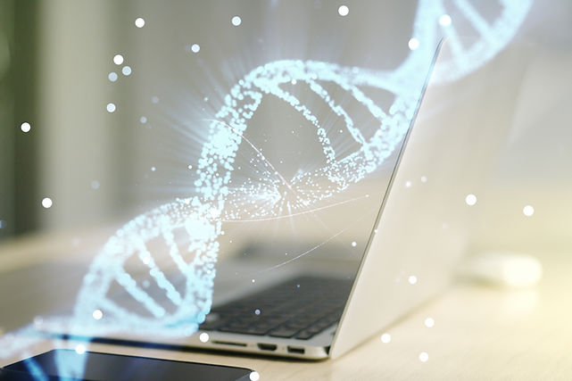 Creative concept with DNA symbol illustration on modern laptop background. Genome research