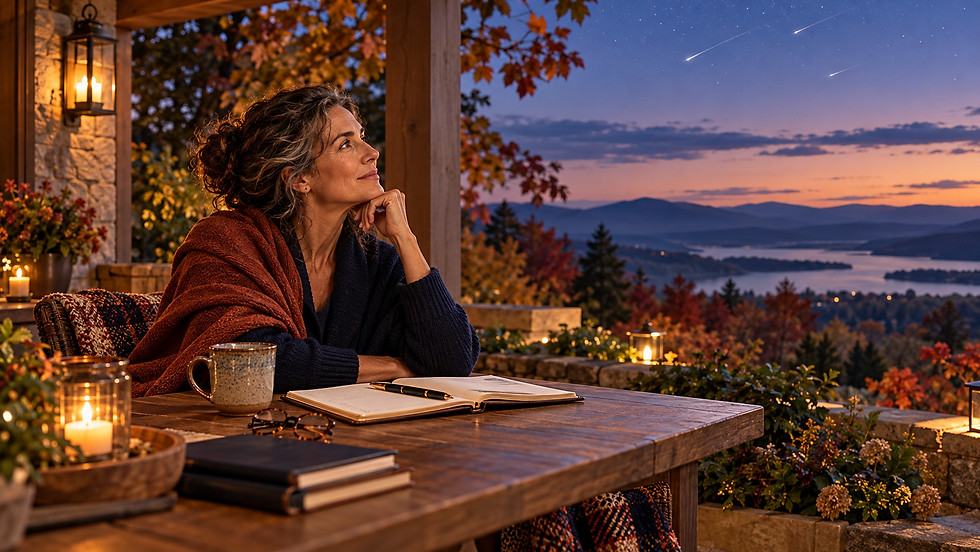 A woman entrepreneur planning her business on an autumn porch at twilight as shooting stars cross the mountain sky.