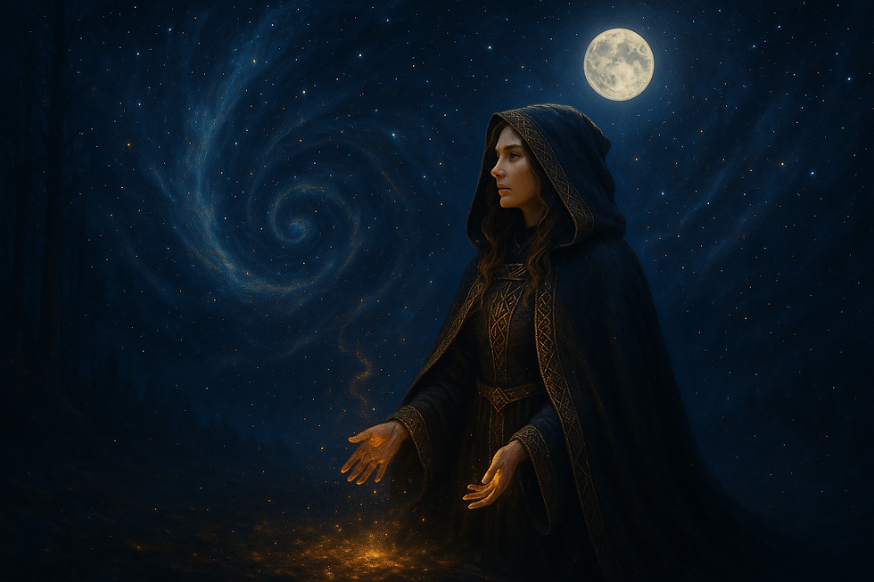 A hooded woman in a dark Celtic cloak performs a glowing ritual under a full moon, with a swirling cosmic vortex and starry sky behind her.