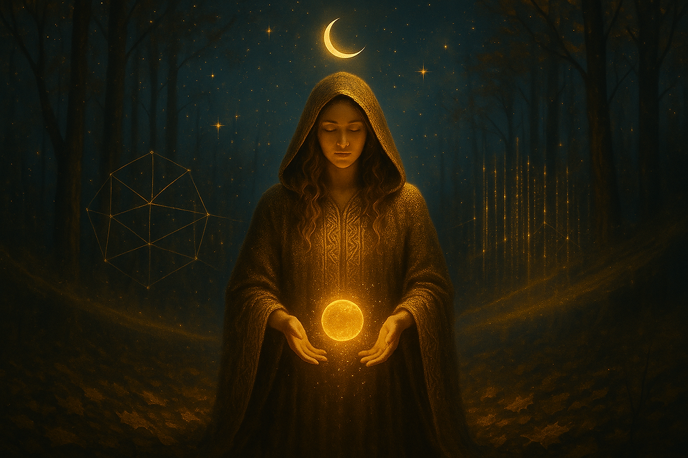 A woman in a golden Celtic cloak stands in a moonlit forest, holding a glowing orb as golden stars and sacred symbols light the night around her.