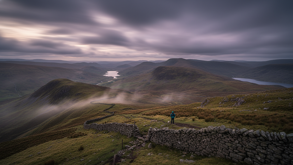 a distant view of a misty fell in cumbria