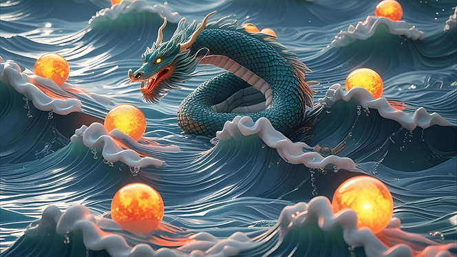 A sinuous water Dragon weaving through waves labeled with the days of the week. Each wave