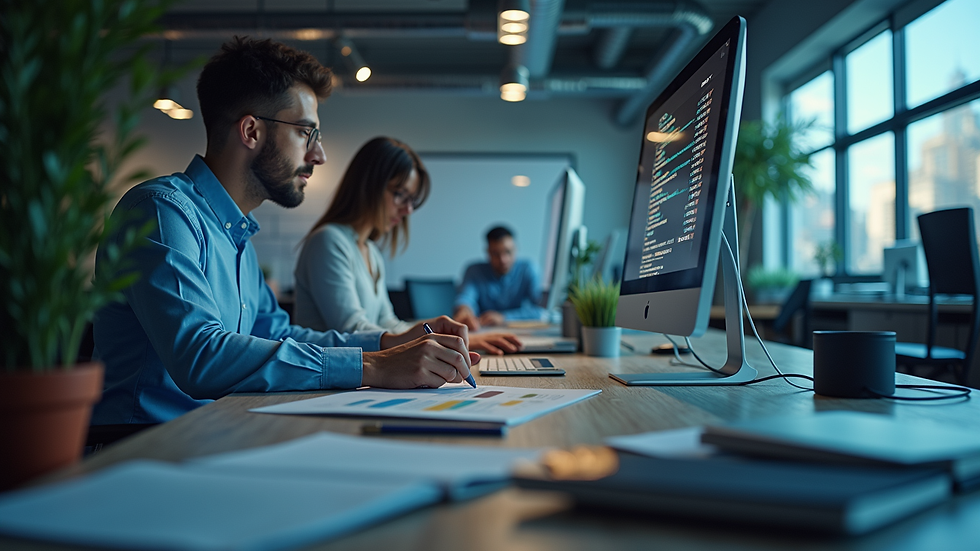 High angle view of a modern workspace with AI technology elements