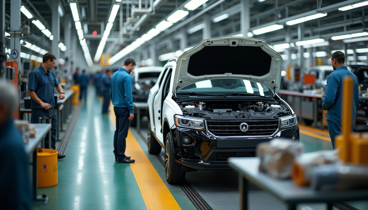 High angle view of automotive assembly line showing multiple production cells