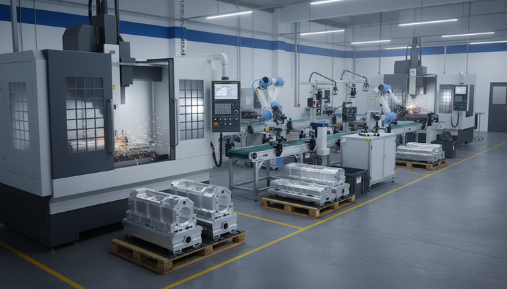 Wide-angle view of a machining cell producing metal parts on a factory floor.