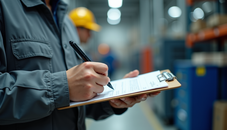 Eye-level view of a technician writing detailed notes on a clipboard during shift change
