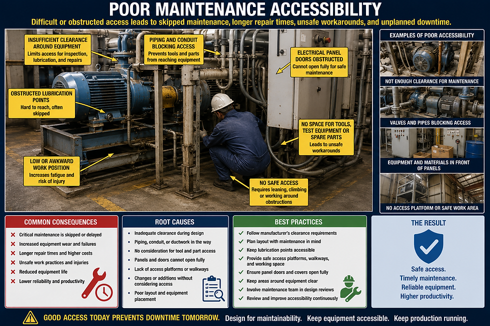 Infographic of a worker in an industrial plant facing blocked access to machinery, with labels on poor maintenance access and safety risks.