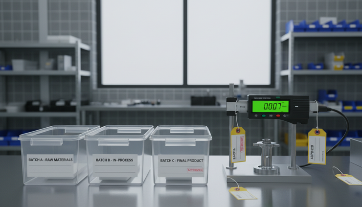 Eye-level view of labeled sample bins and a measurement gauge in a production testing area.