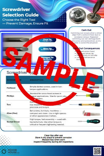 Large poster displaying different types of screwdrivers and when to use them for best results.