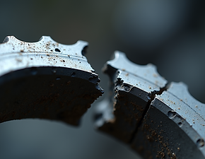 Close-up view of a fractured metal bearing with jagged edges and micro-fractures, highligh