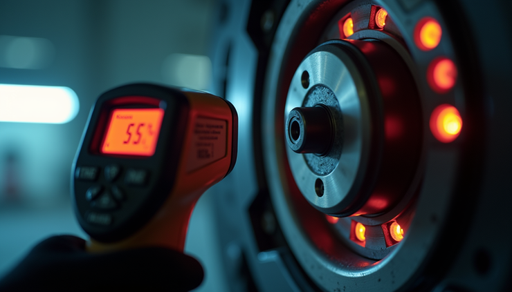 Close-up view of an infrared temperature gun measuring the surface temperature of a bearing housing