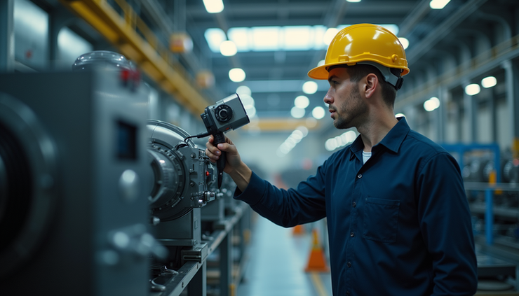 Eye-level view of a technician inspecting industrial machinery in a manufacturing plant