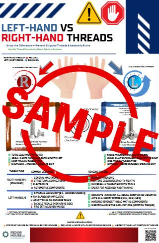 Poster displaying the difference between Left-Hand vs. Right-Hand Thread Types