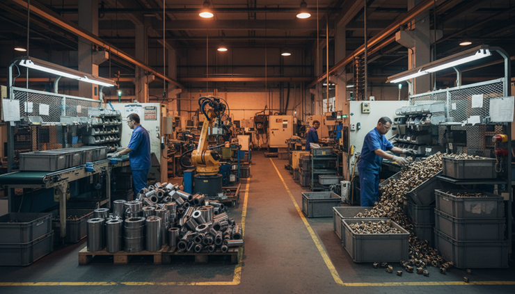 Eye-level view of uneven stacks of parts beside a production cell while one station waits for material