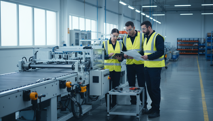 Wide-angle view of production workers inspecting a machine on a factory floor.