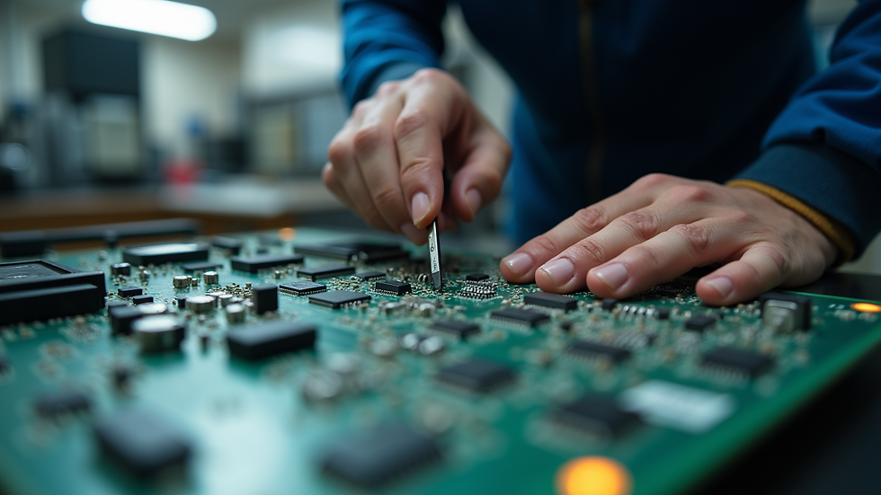 Eye-level view of an electrician working on a circuit board