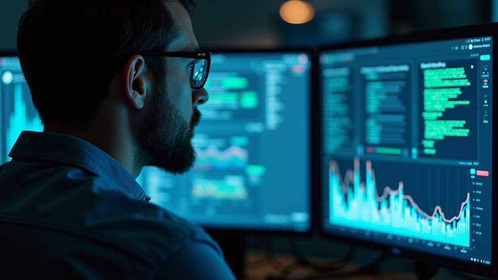 Close-up view of a cybersecurity expert analyzing data on a computer screen