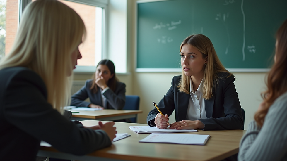 Eye-level view of a student practicing speaking skills alone