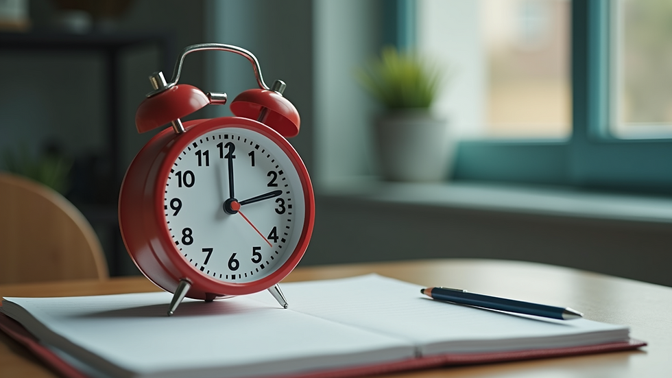 High angle view of a clock placed on a desk during IELTS study