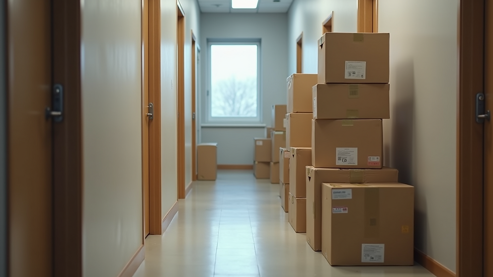 Close-up view of labeled moving boxes stacked in an office hallway