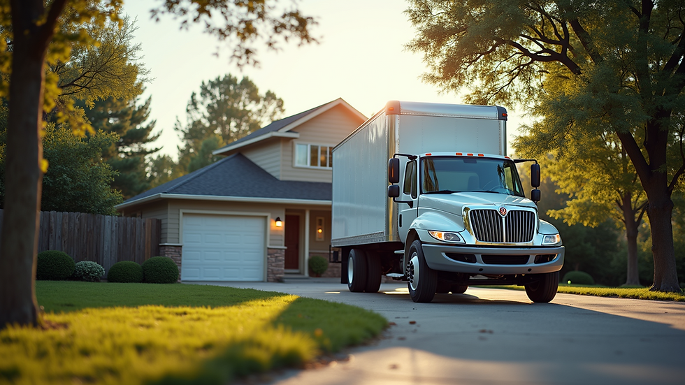 Eye-level view of a moving truck parked outside a residential house