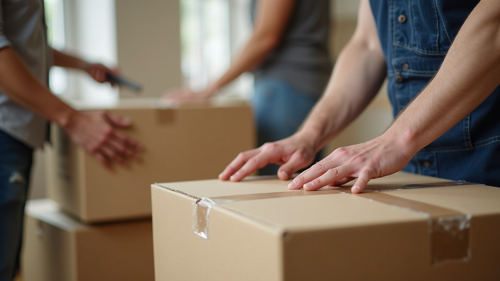 Close-up view of movers carefully packing fragile items into boxes