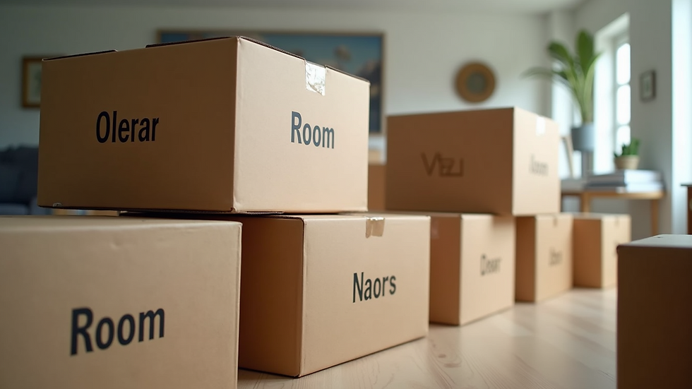 Eye-level view of packed moving boxes labeled with room names
