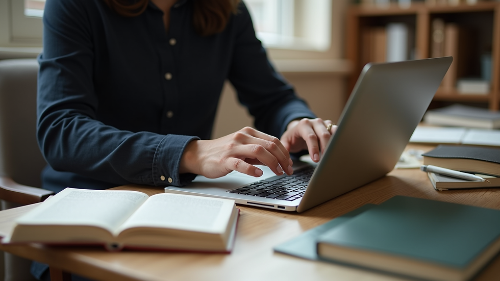 Eye-level view of a person typing on a laptop surrounded by books