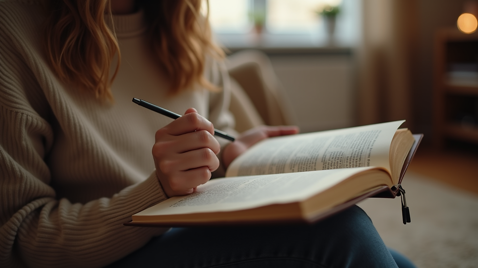 Eye-level view of a person reading a book in a cozy environment