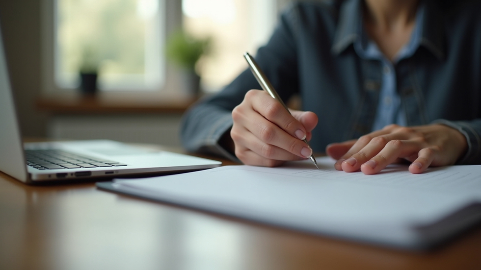 Eye-level view of a person writing in a notebook with a laptop nearby